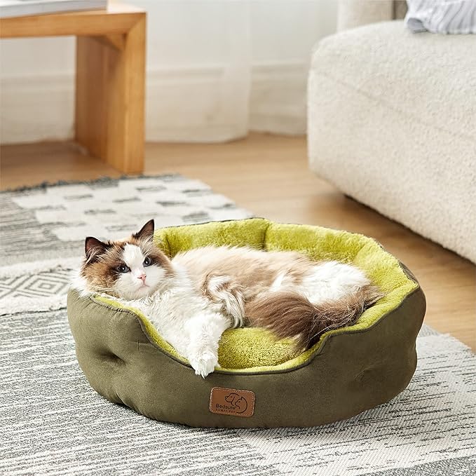 Bedsure Dog Beds for Small Dogs - Round Cat Beds for Indoor Cats, Washable Pet Bed for Puppy and Kitten with Slip-Resistant Bottom, 20 Inches, Lentil Sprout