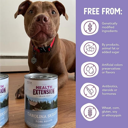 Health Extension Dog Food, Carolina Skillet Pork Recipe - 12.5 oz, Grain Free, Added Vitamins and Minerals, for All Life Stages, Vet Formulated, Improve Gut Health, Immune Support (Case of 12 Cans)