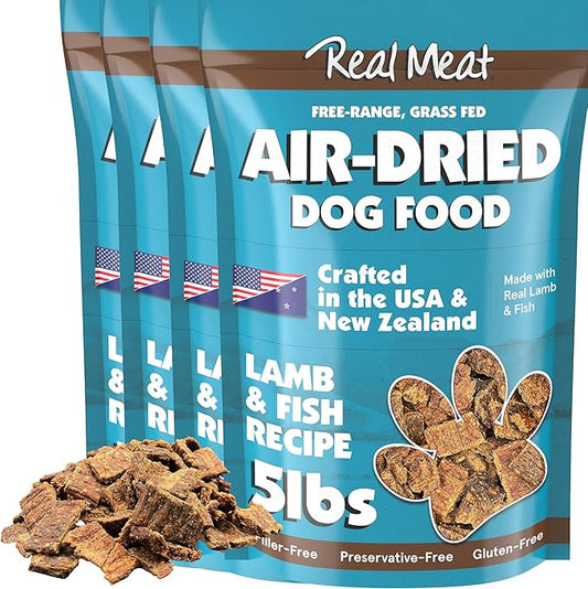 Real Meat Air Dried Dog Food w/ Real Lamb & Fish - Four 5lb Bag of Grain-Free Real Meat Dog Food Sourced from Free-Range Lamb & Ocean-Caught Fish - Digestible, All-Natural, & High-Protein Lamb & Fish