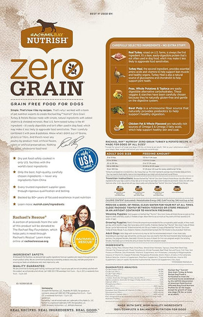 Rachael Ray Nutrish Zero Grain Natural Dry Dog Food, Turkey & Potato Recipe, 6 Pounds, Grain Free