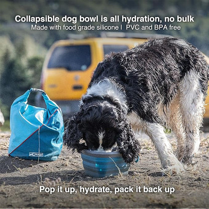 Kurgo Collapsible & Portable Travel Dog Bowl | Mash N’ Stash | Portable Water for Dogs | Food Grade Silicone Collapsible Dog Bowl | BPA No | Pet Travel Accessories | Holdsup to 24 oz (Regular), Blue