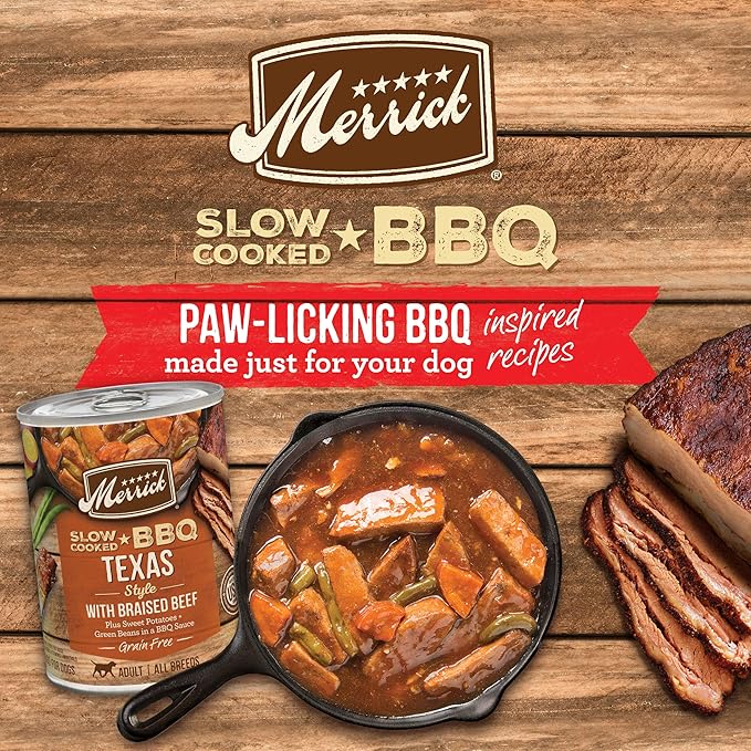 Merrick Slow-Cooked BBQ Premium Healthy Real Meat Grain Free Canned Dog Food, Texas Style With Braised Beef - (Pack of 12) 12.7 oz. Cans