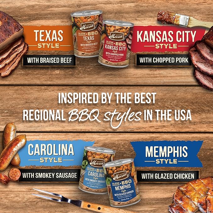 Merrick Slow-Cooked BBQ Premium Healthy Real Meat Grain Free Canned Dog Food, Texas Style With Braised Beef - (Pack of 12) 12.7 oz. Cans