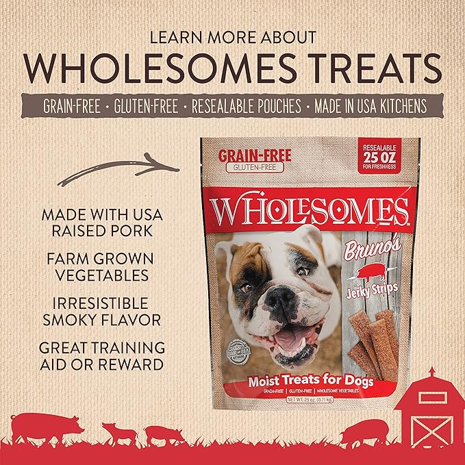 Wholesomes Bruno's Jerky Strips Grain Free Dog Treats, 25 oz, red