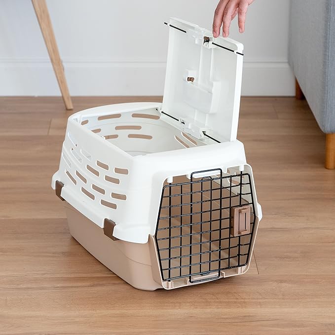 IRIS USA 23" Cat Carrier, Small Pet Carrier Hard, Dog Kennel with 2-Door Front and Top Access, Dog Carrier, up to 18 pounds, White/Almond