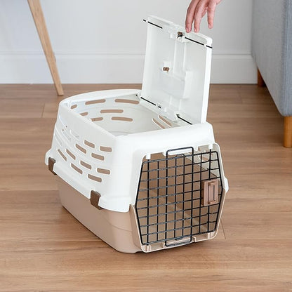 IRIS USA 23" Cat Carrier, Small Pet Carrier Hard, Dog Kennel with 2-Door Front and Top Access, Dog Carrier, up to 18 pounds, White/Almond