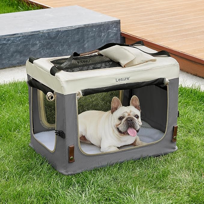 Lesure Collapsible Travel Dog Crate for Small Dogs, Portable Soft Dog Crate for Outdoor & Indoor, Folding Fabric Dog Kennel with Handle, 28 Inch Heavy Duty Pet Carrier (Grey)
