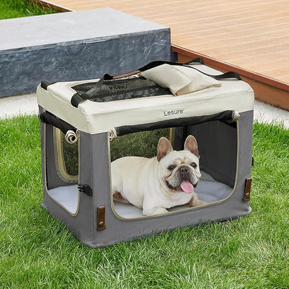 Lesure Collapsible Travel Dog Crate for Small Dogs, Portable Soft Dog Crate for Outdoor & Indoor, Folding Fabric Dog Kennel with Handle, 28 Inch Heavy Duty Pet Carrier (Grey)