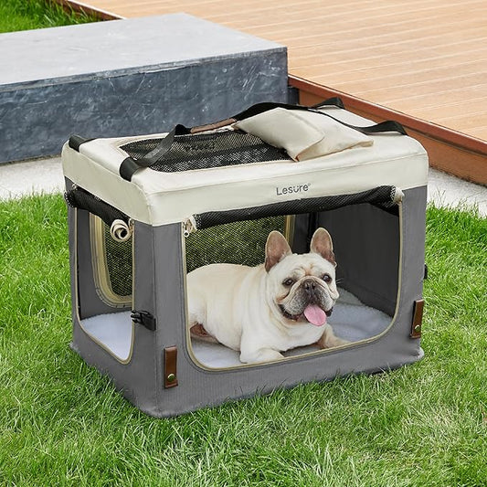 Lesure Collapsible Travel Dog Crate for Small Dogs, Portable Soft Dog Crate for Outdoor & Indoor, Folding Fabric Dog Kennel with Handle, 28 Inch Heavy Duty Pet Carrier (Grey)