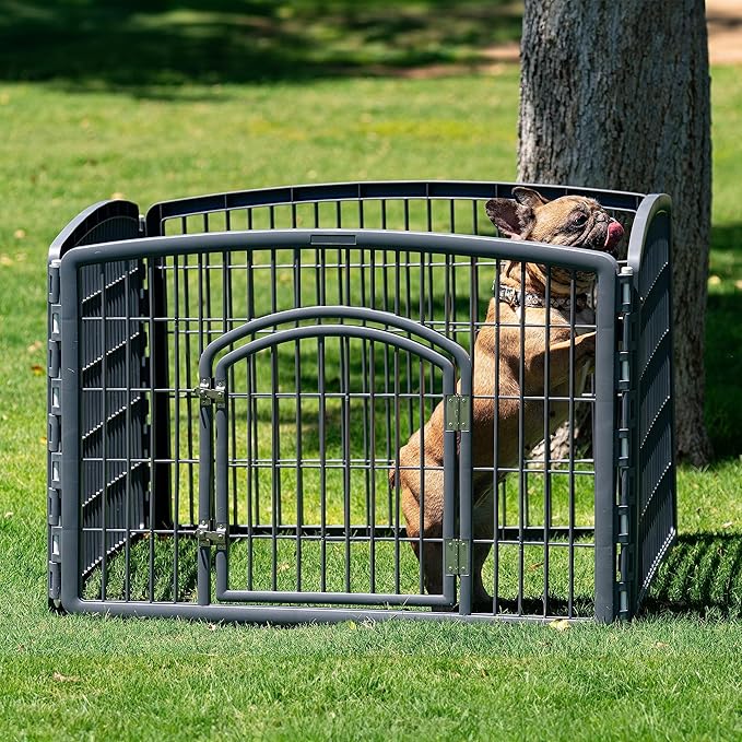 IRIS USA Dog Playpen, 4-Panel 24" Pet Playpen with Door, Puppy Playpen, Indoor/Outdoor Dog Pen, 35 x 35 x 24, Foldable, Customizable, Dark Gray