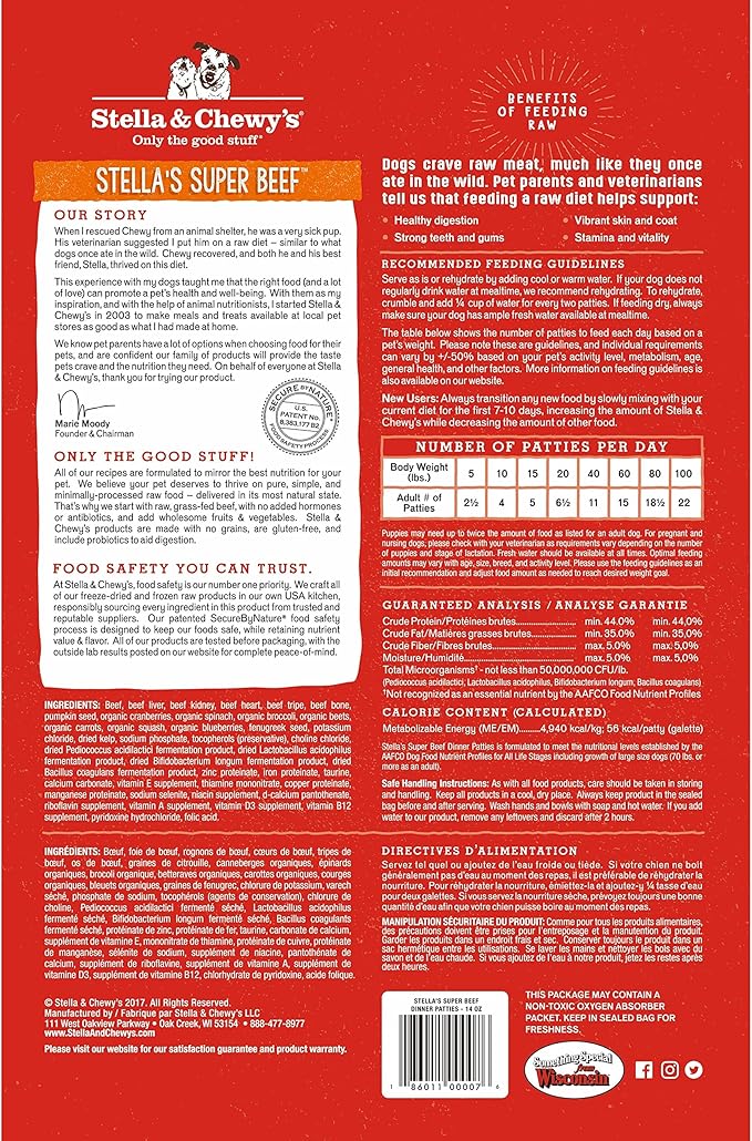Stella & Chewy's Freeze Dried Raw Dinner Patties – Grain Free Dog Food, Protein Rich Stella’s Super Beef Recipe – 14 oz Bag