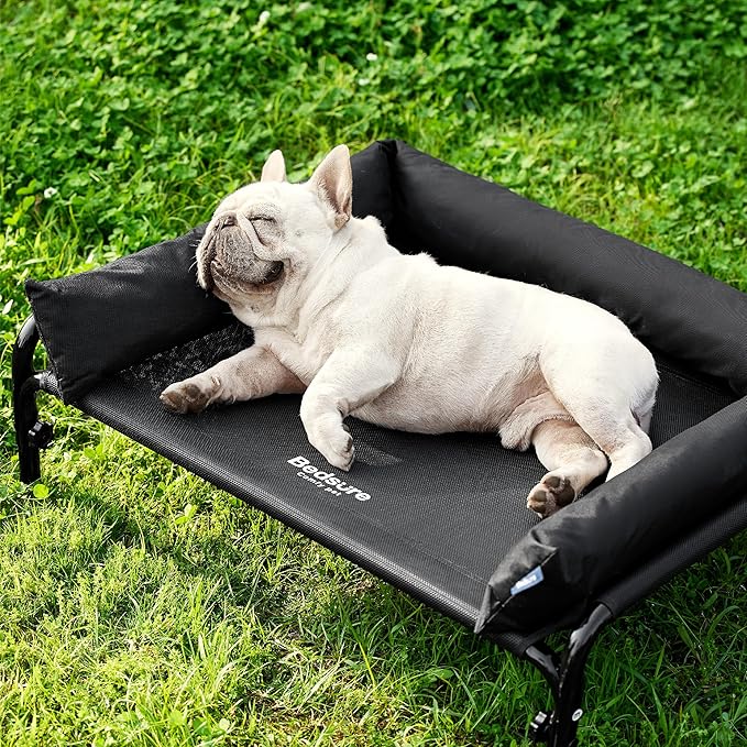Bedsure Elevated Raised Outdoor Dog Bed - Cooling Dog Cot Bed with Bolster for Medium Dog, Lifted Pet Bed with Durable Breathable Teslin Mesh, Dog Hammock Bed with Non-Slip Feet, Black, 32 inches
