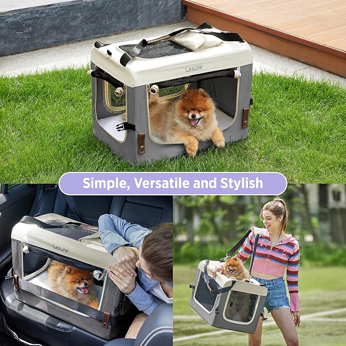 Lesure Collapsible Travel Dog Crate for Small Dogs, Portable Soft Dog Crate for Outdoor & Indoor, Folding Fabric Dog Kennel with Handle, 24 Inch Heavy Duty Pet Carrier (Grey)