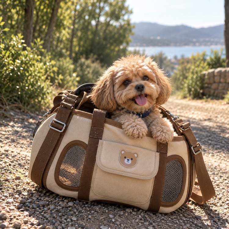 Fluffy pup peeking out of a cream SnugglePaws carrier on a sunny trail