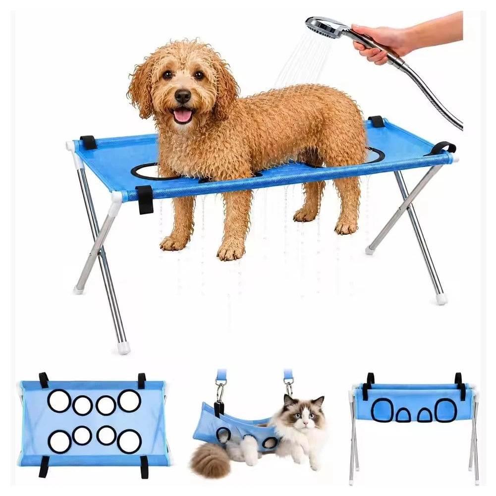 Foldable Pet Bathing Drying Hammock Stand for Dog Cat Nail Clipping, Portable Breathable Mesh Grooming Care Tool